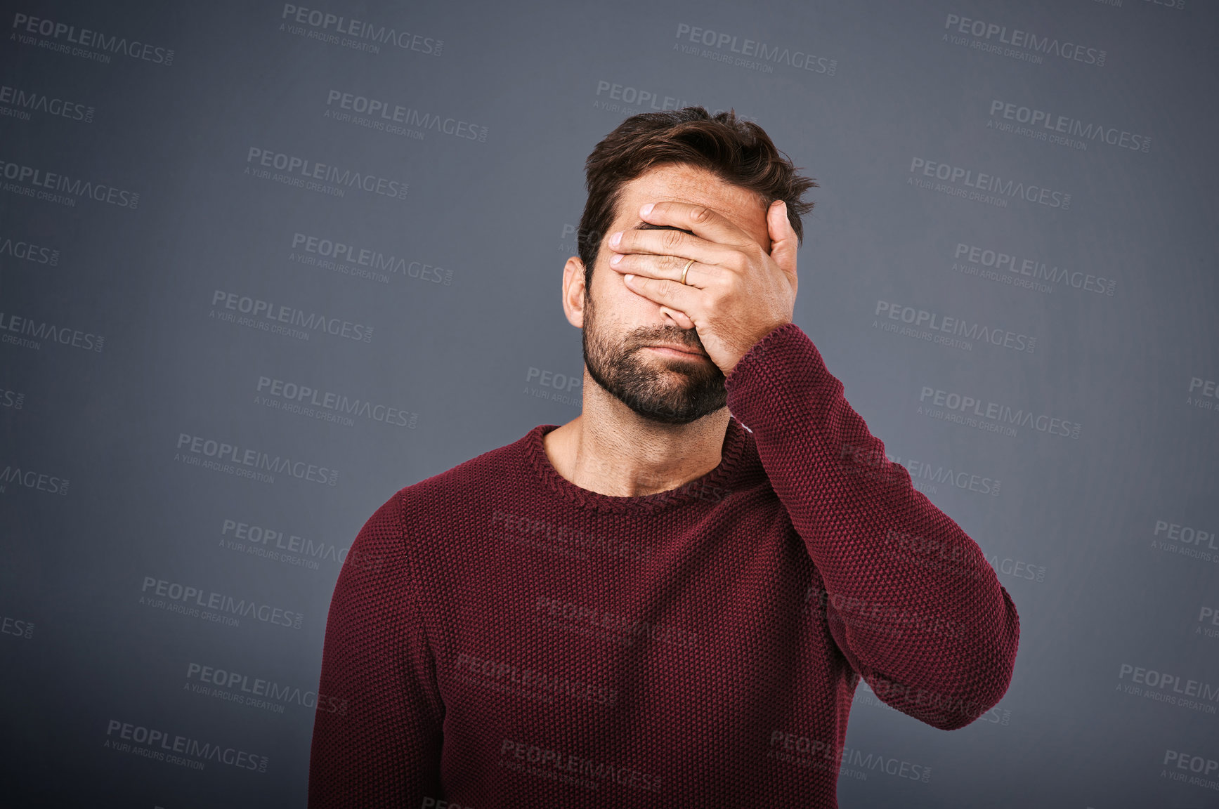 Buy stock photo Shame, man and cover of face, studio and disappointed of fail of party in elections and headache. Gray background, palm and hand to hide eyes, embarrassed and sad student in politics and unhappy