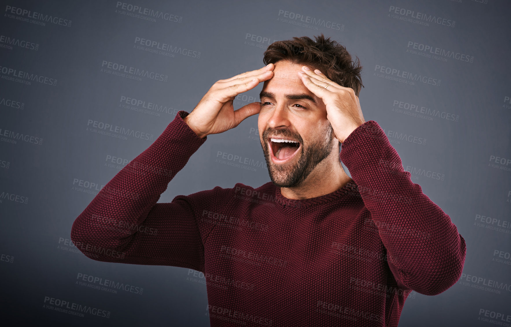 Buy stock photo Studio, shock and man with frustration, yelling and terror of news, scared and secret of phobia. Gray background, portrait and shouting of person, stress and surprise of gossip, anxiety and fear