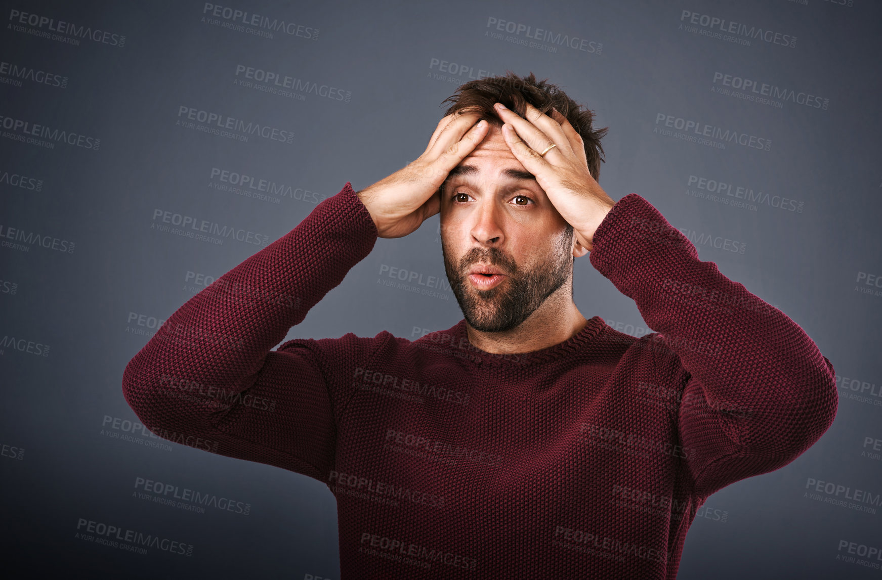 Buy stock photo Shocked, man and reaction for news, studio and wow for gossip of secret, campaign drama and mockup. Gray background, person and surprise with hand or hearing of rumor of election results in Canada