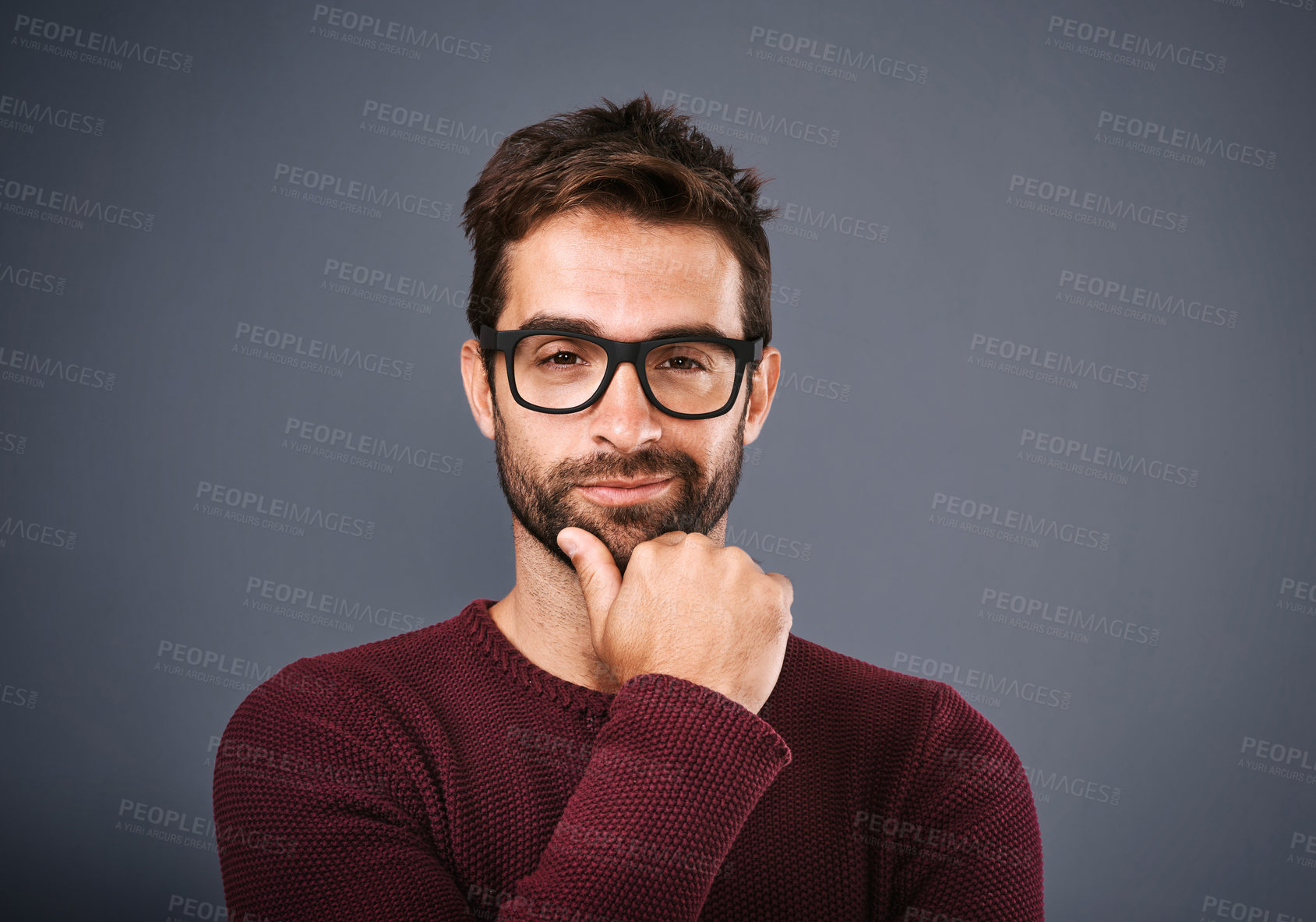 Buy stock photo Studio, glasses and man with vision, portrait and wellness with eye care, product and smile for lens. Black background, face and happiness for person, prescription and eyewear with fashion in USA