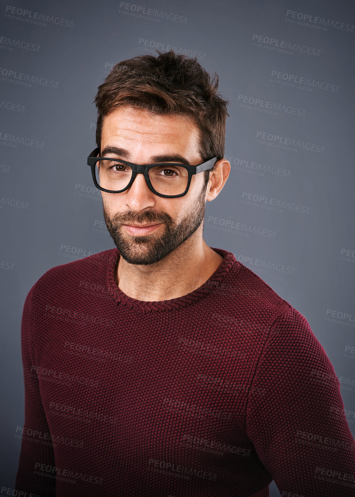 Buy stock photo Studio, glasses and man with portrait, healthy and wellness with eye care, product and lens for vision. Black background, face and happiness for person, prescription and eyewear with fashion in USA