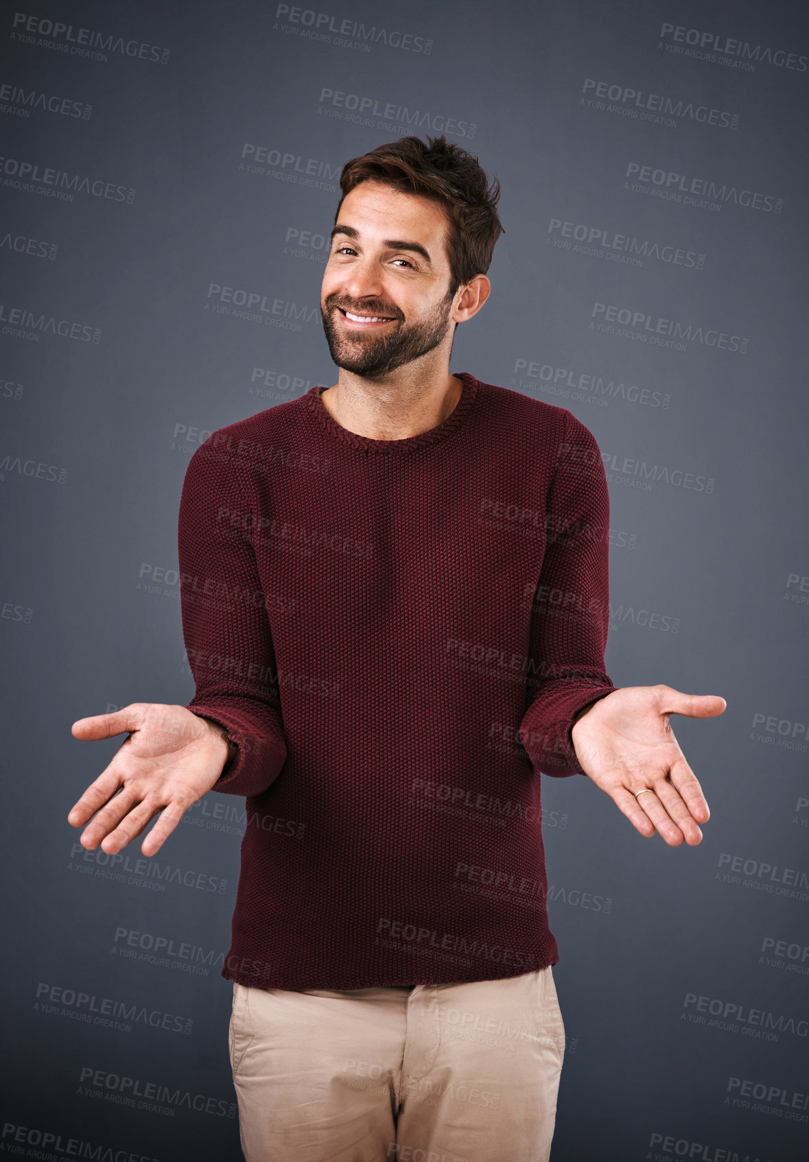 Buy stock photo Business, portrait and palm of man for decision with choice, comparison or option with scale for balance. Employee, person and hand gesture for weighing opportunity and shrug on studio background