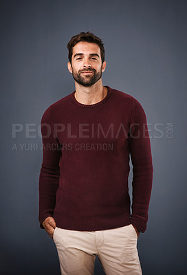 Buy stock photo Studio, portrait and man in sweater for fashion, winter season and warm clothes with confidence. Stylish, male teacher and pride with smile for professional career, cool and casual by gray background