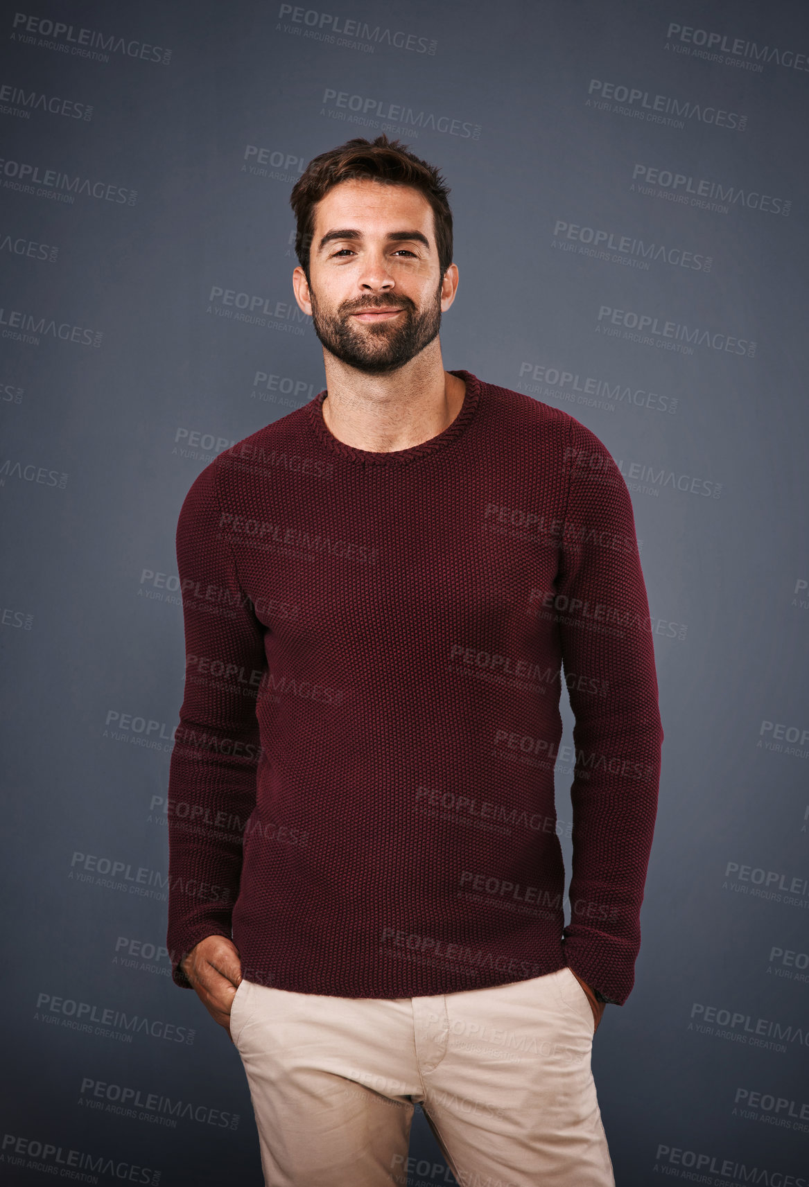 Buy stock photo Studio, portrait and man in sweater for fashion, winter season and warm clothes with confidence. Stylish, male teacher and pride with smile for professional career, cool and casual by gray background