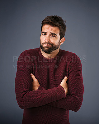 Buy stock photo Doubt, shrug and portrait of man in studio unsure against a grey background space. Confused, face and shrugging male with dont know expression, puzzled and pensive with choice and decision isolated