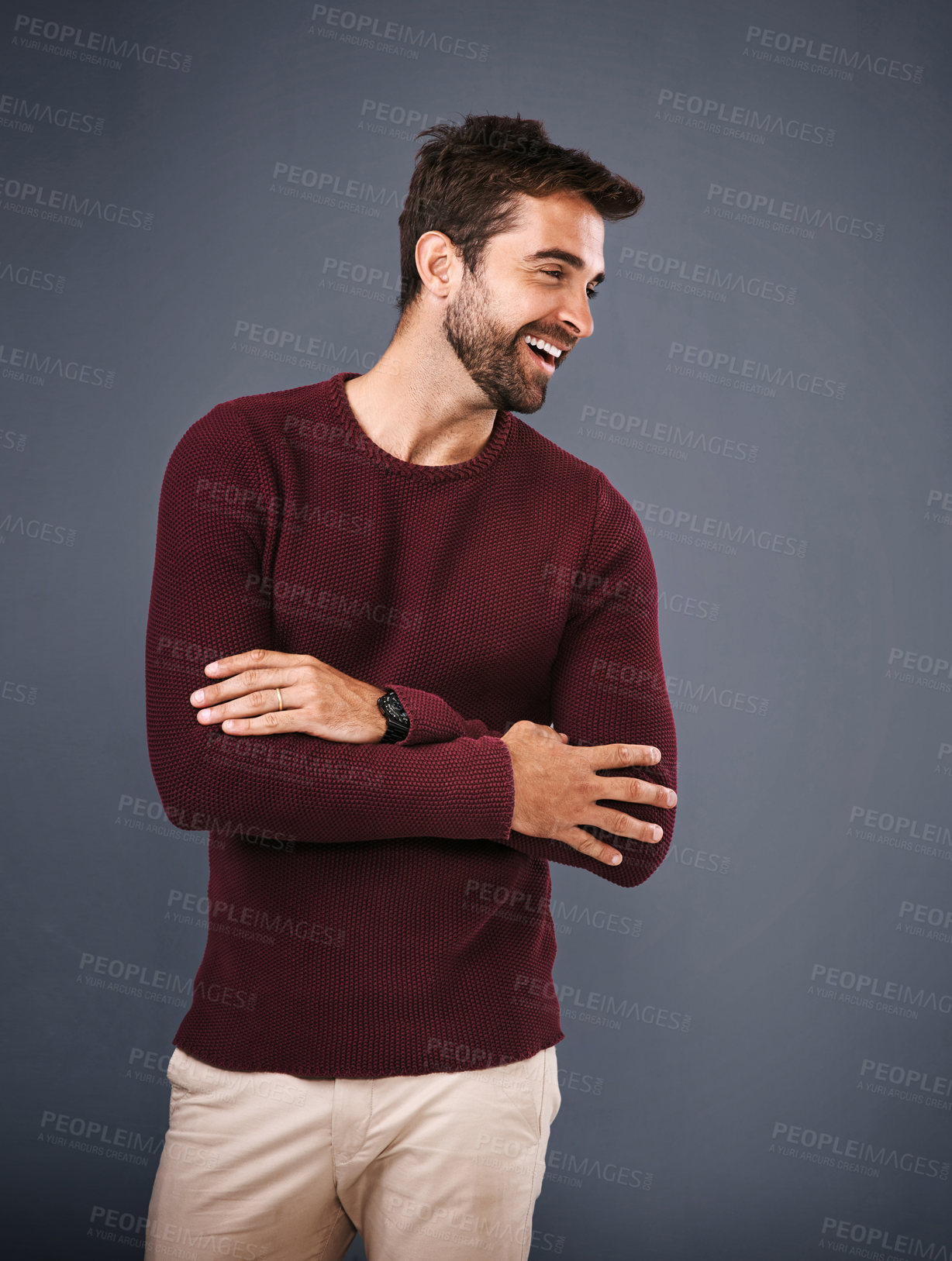 Buy stock photo Studio, arms crossed and man in sweater for fashion, winter season and warm clothes with confidence. Stylish, teacher and pride with laugh for professional career, cool and casual by gray background