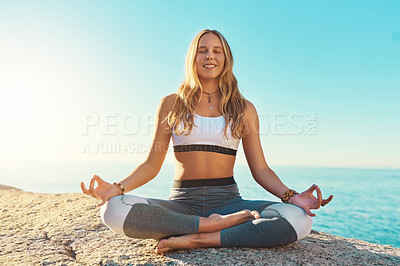 Buy stock photo Outdoor, happy and woman with chakra for yoga, wellness and spiritual peace in California. Zen, female yogi and hands with lotus pose for meditation, relaxing and mental health on beach in nature