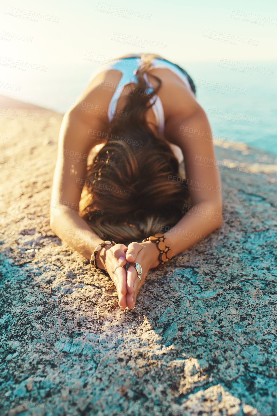 Buy stock photo Beach, meditation or girl with prayer hands, body or stretching in nature for wellness, freedom or mental health balance. Peace, gratitude or person at sea for worship, healing or holistic self care