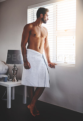 Buy stock photo Man, body and torso in home for grooming, hygiene and self care after shower, healthy skin and relax, Male person, chest and preparation in morning for weekend, day and routine with fresh skincare