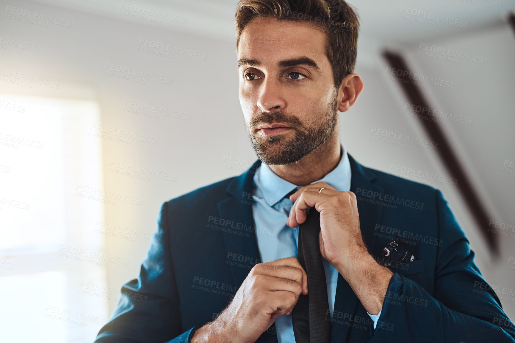 Buy stock photo Man, professional and suit for getting ready in home, business fashion and preparation for job interview. Male person, thinking and corporate style for recruitment opportunity, confident and planning