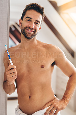 Buy stock photo Toothbrush, portrait and shirtless man brushing teeth in home for dental wellness, healthy smile, body or mouth care. Happy male in bathroom for oral cleaning, fresh breath and hygiene in the morning