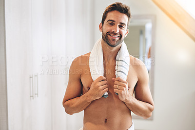 Buy stock photo Portrait of happy man with towel in bathroom for fresh hygiene, morning routine and healthy skincare. Strong, clean and shirtless guy in home for male beauty, body shower and grooming for confidence