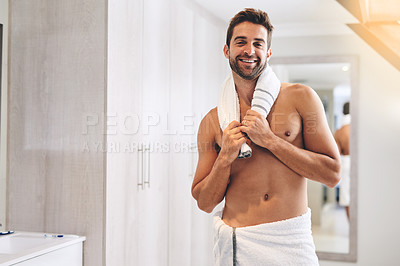 Buy stock photo Portrait, man and smile with towel in bathroom for fresh hygiene, morning routine and healthy skincare. Happy, clean and shirtless guy in home for male beauty, body shower and grooming for confidence