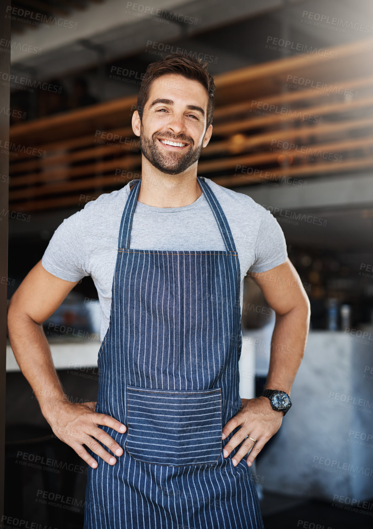 Buy stock photo Portrait, business and man in restaurant, apron and waiter with confidence, career ambition and hospitality. Face, happy person and entrepreneur with service industry, smile and server in cafe