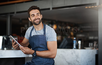 Buy stock photo Business, apron and man with tablet, thinking and internet with digital app, barista and service. Online order, person and entrepreneur with tech, schedule and waiter in cafe, network and connection