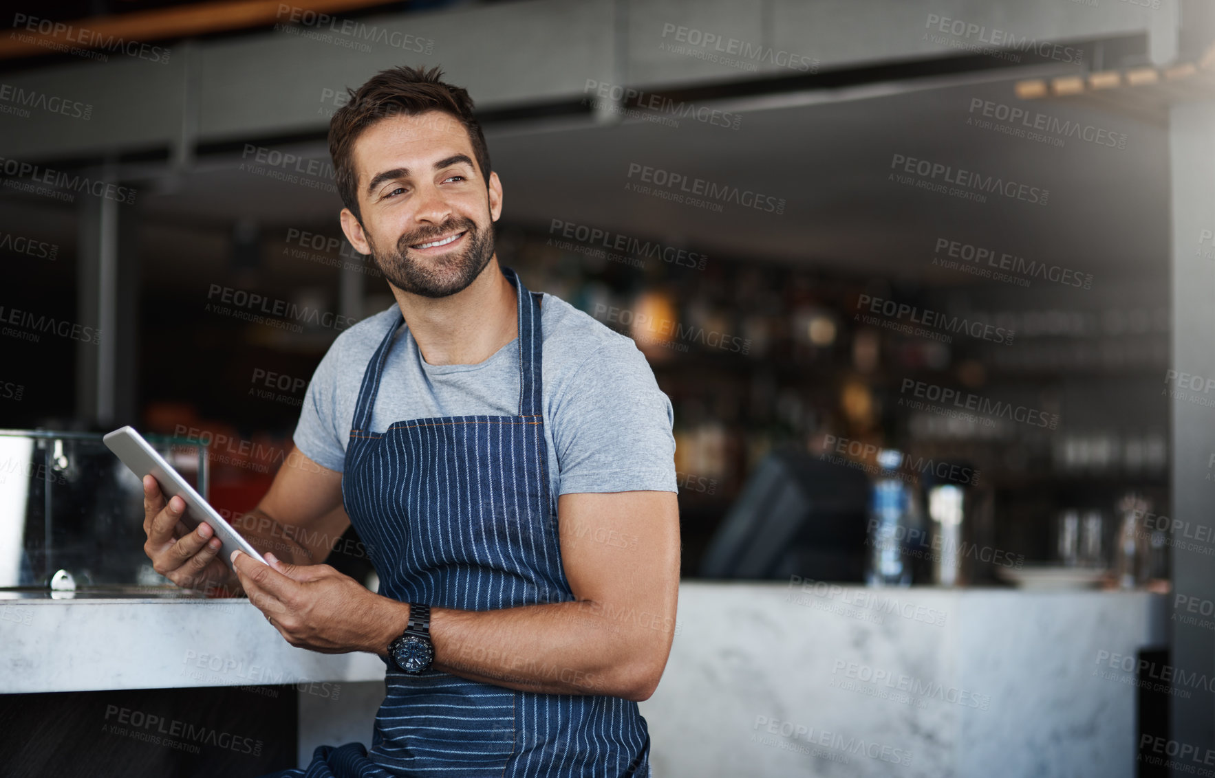 Buy stock photo Business, apron and man with tablet, thinking and internet with digital app, barista and service. Online order, person and entrepreneur with tech, schedule and waiter in cafe, network and connection