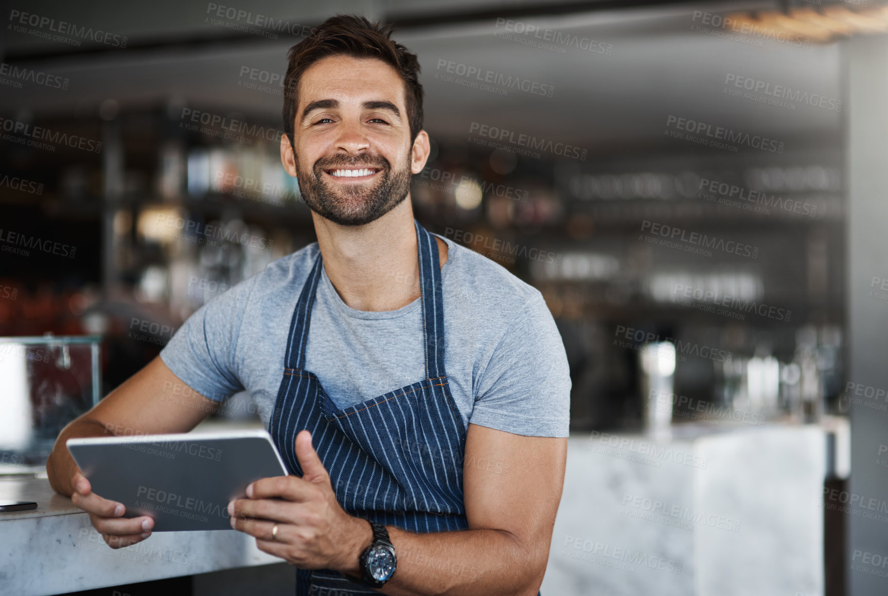 Buy stock photo Restaurant, happy and portrait of man with tablet for online order, communication and update of app. Small business, waiter and smile with tech at cafe for web sales, processing and digital service