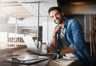 Buy stock photo Man in coffee shop, portrait with laptop and small business, entrepreneur in hospitality management and connectivity. Happy male owner, cafe franchise and wireless connection with digital admin on pc
