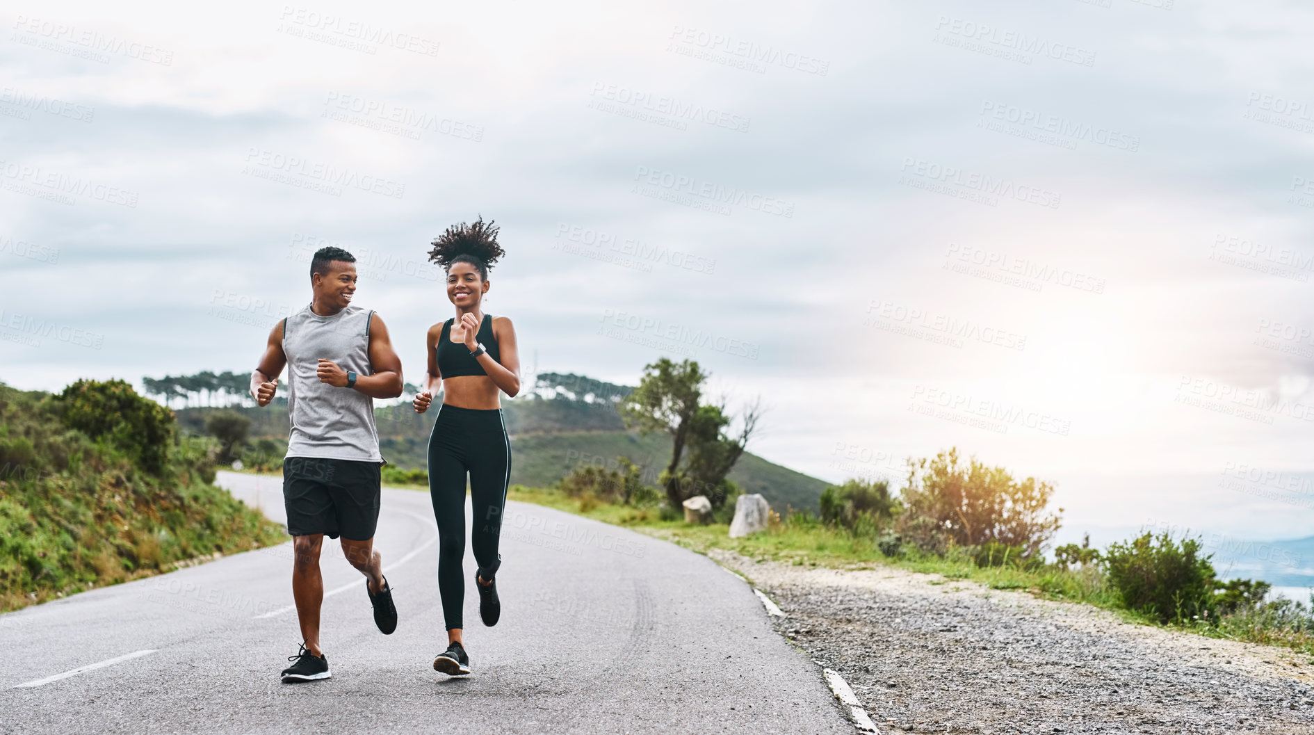 Buy stock photo Workout, couple and happy running in road for marathon practice, pace training or fitness support. Active relationship, african people and jog outdoor for cardio exercise, sport performance and space