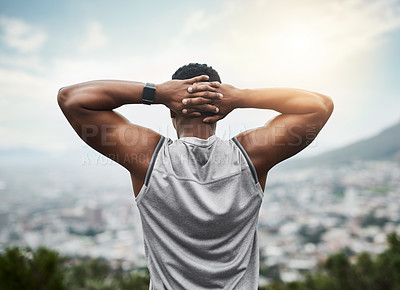 Buy stock photo Back, exercise and black man stretching arms in city with thinking, outdoor fitness and calm morning view. Health, wellness and athlete at sunrise with warm up for muscle, urban workout and relax