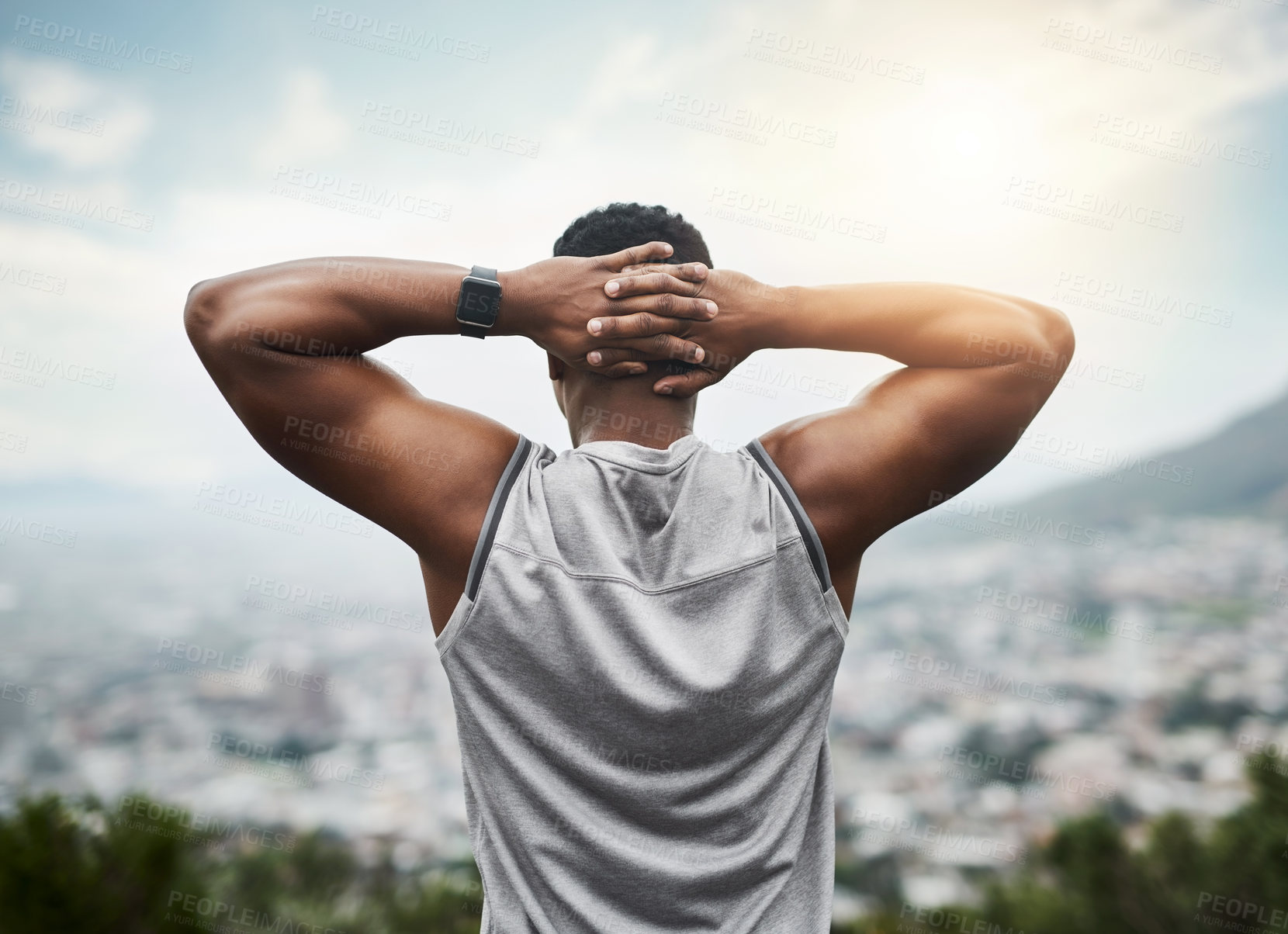 Buy stock photo Back, exercise and black man stretching arms in city with thinking, outdoor fitness and calm morning view. Health, wellness and athlete at sunrise with warm up for muscle, urban workout and relax