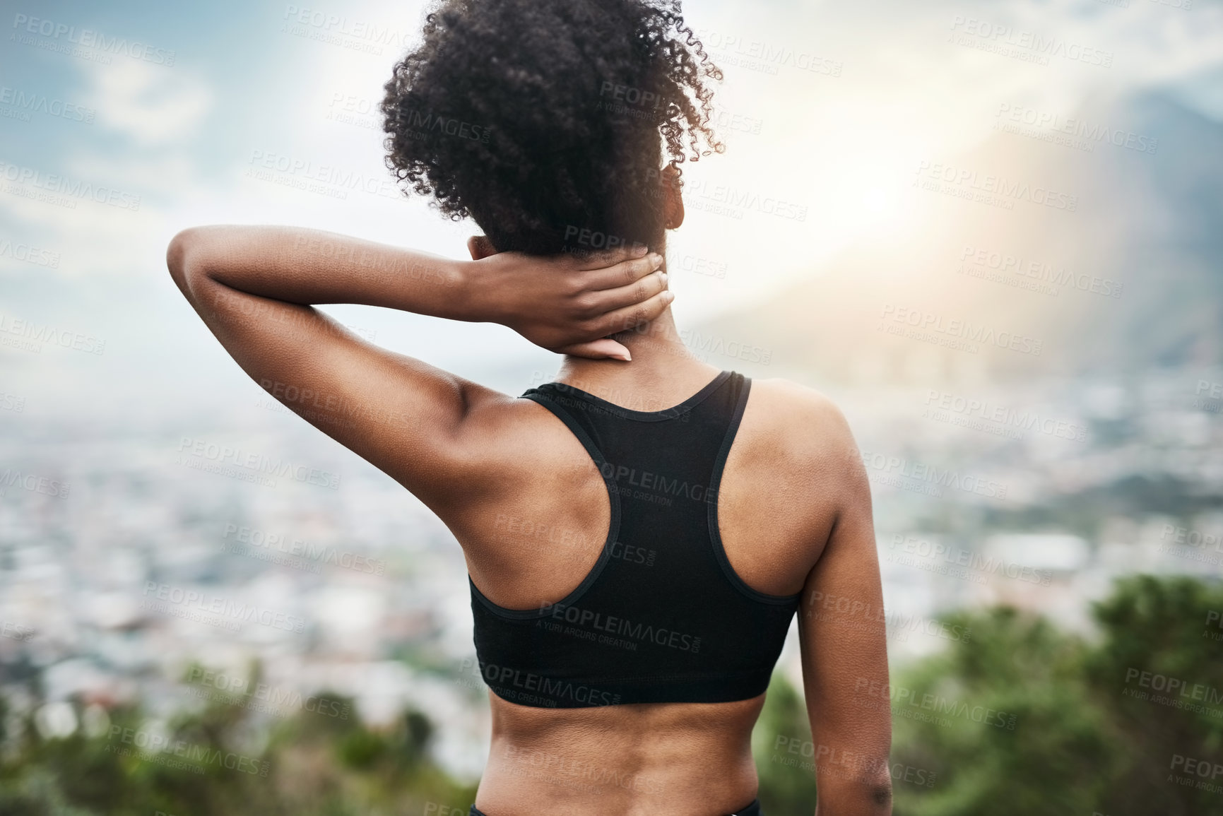 Buy stock photo Back, outdoor and woman with exercise, neck pain or joint injury with inflammation. Ache, person or runner in city, burnout or health risk with muscle tension or training for wellness and fitness