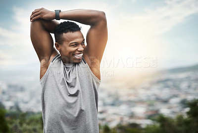 Buy stock photo Smile, exercise and black man stretching arms with runner, thinking and outdoor fitness in morning. Health, wellness and athlete on hill at sunrise with warm up for muscle power, workout and happy