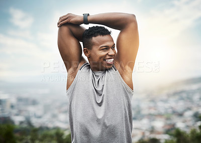 Buy stock photo Smile, fitness and black man stretching arms with start, thinking and outdoor exercise in morning. Health, wellness and athlete on hill at sunrise, warm up and muscle power, workout and happy face