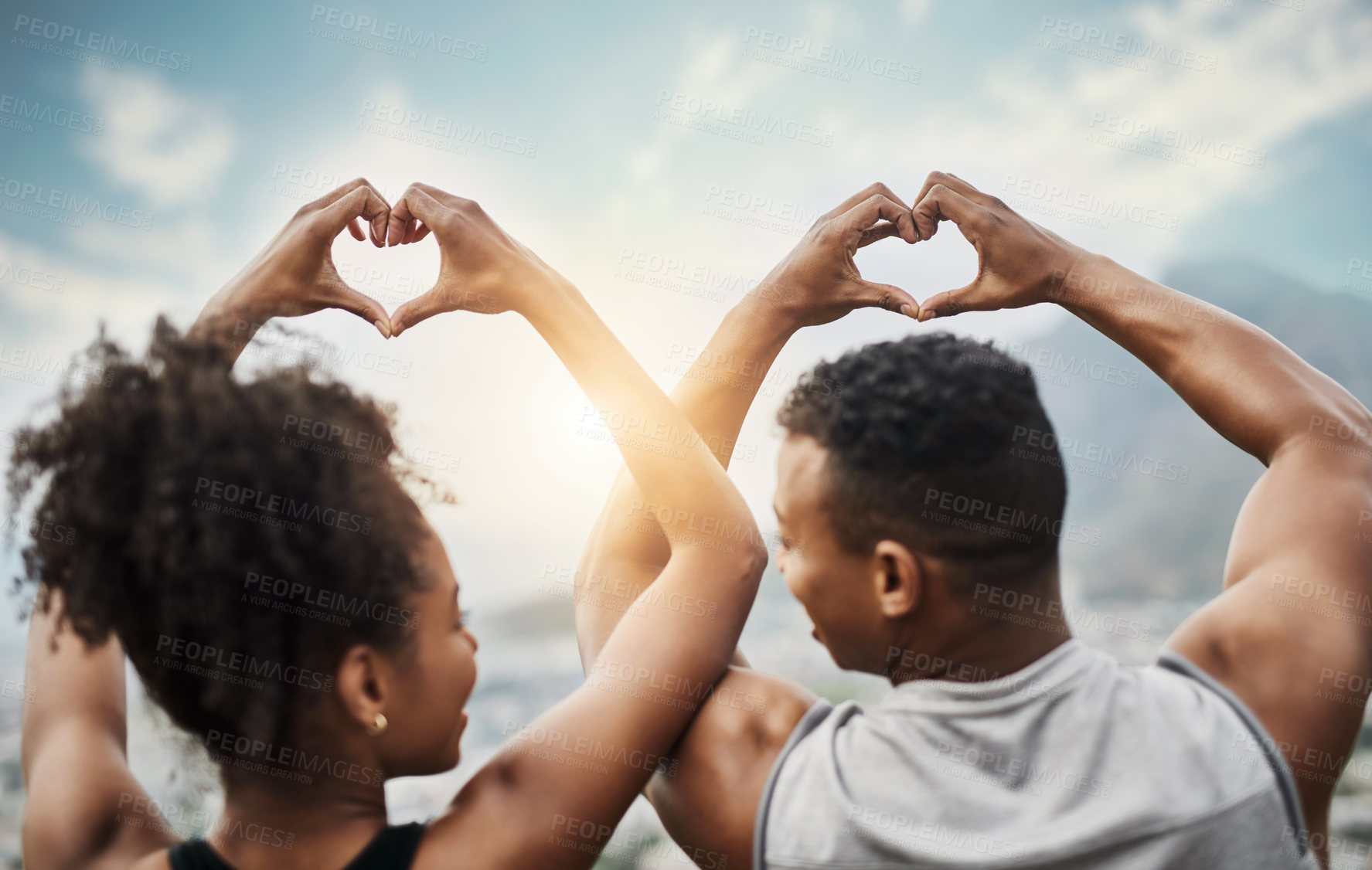 Buy stock photo Hands in heart, exercise and couple in morning for fitness, training and cardio workout together. Dating, runners and man and woman with emoji, gesture and love sign for wellness, health and sports