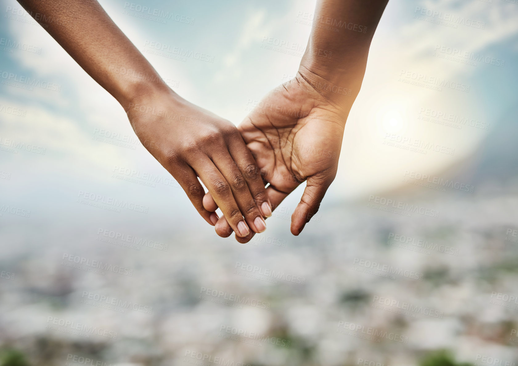 Buy stock photo Holding hands, love and trust with couple outdoor together for bonding, connection or wellness. Relationship, relax and support with people in city for commitment, emotional security or safety