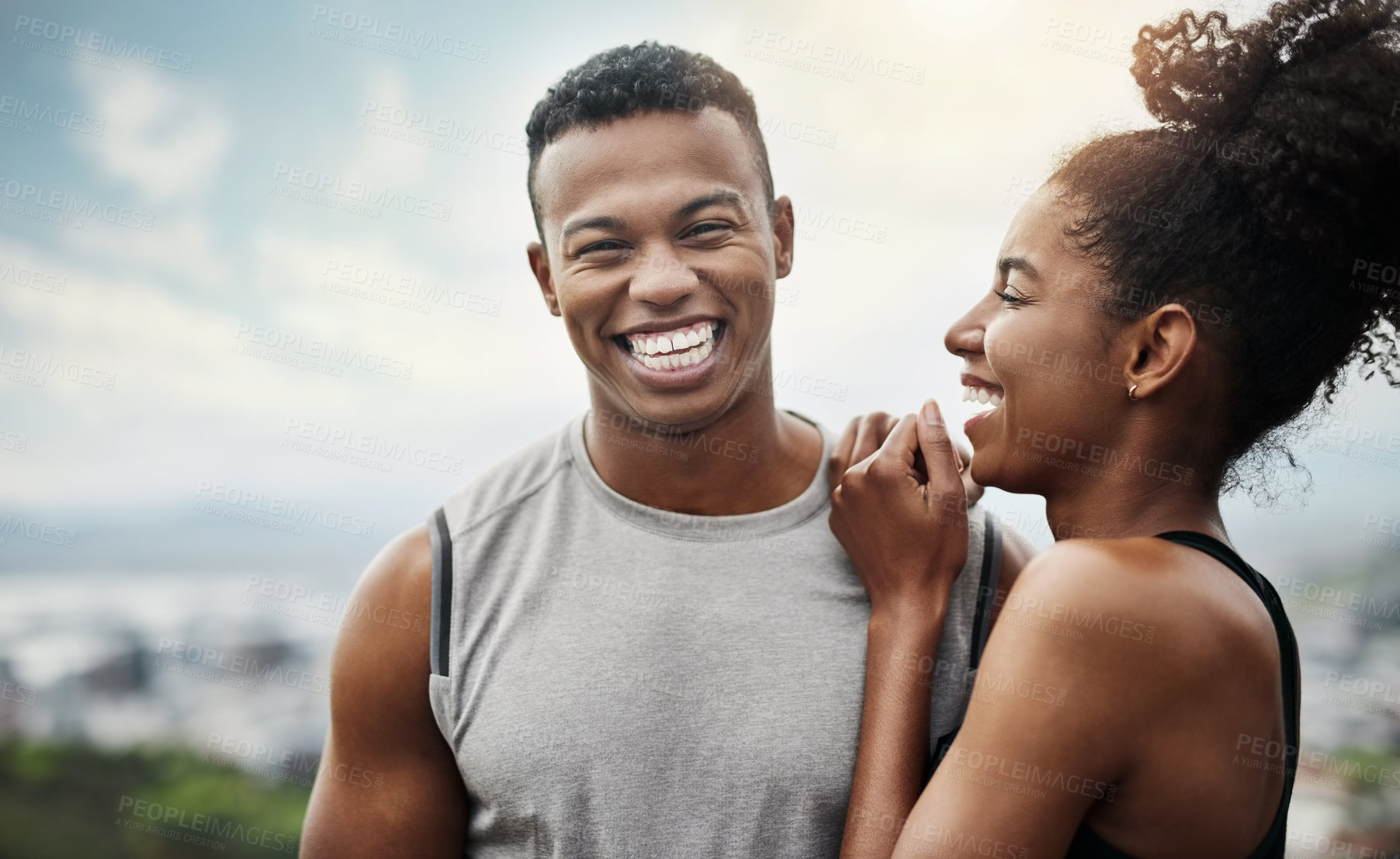 Buy stock photo Couple, hug and happiness on break, fitness or laughing after exercise routine, bonding and wellness. Outdoor, athlete and black people with smile for workout, together and embrace with partner