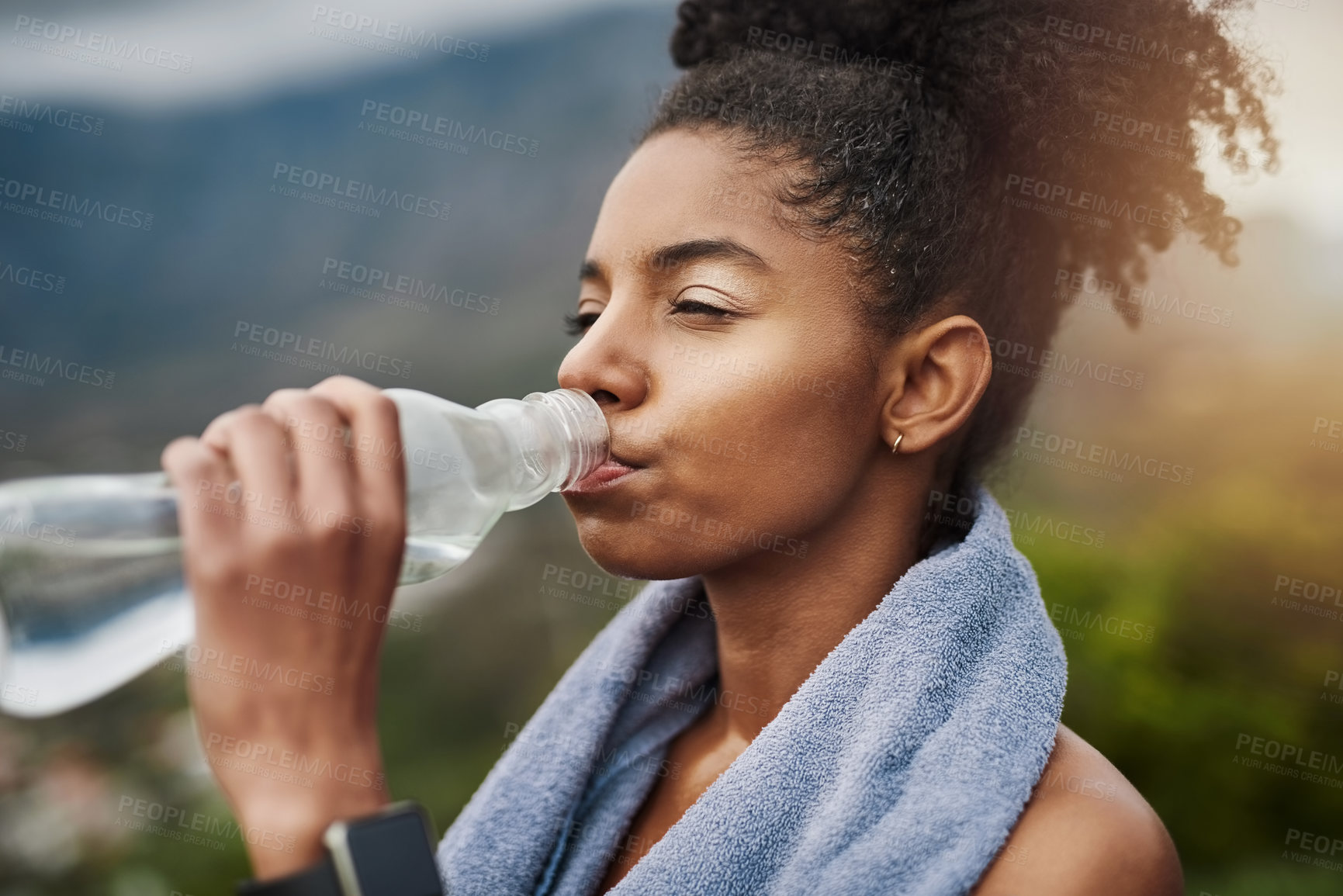 Buy stock photo Fitness, nature and black woman drinking water for wellness, health or electrolytes on break. Runner, thirsty person and bottle for hydration outdoor, sports and diet with liquid after workout