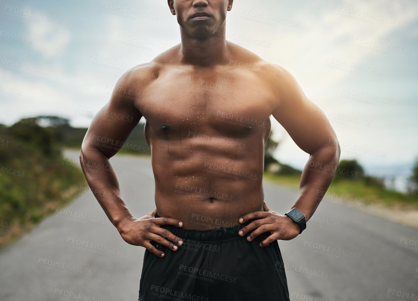 Buy stock photo Man, abs and runner with fitness on mountain road for workout, cardio exercise and body in nature. Male person, athlete and confidence with asphalt, path or street for outdoor endurance training