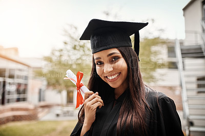 Buy stock photo Portrait, diploma and woman with graduation, university and happiness with knowledge, education and achievement. Face, female person and student with a degree, scholarship and celebration with goals