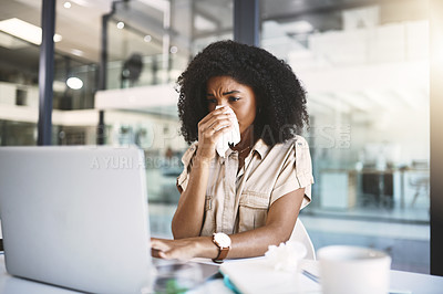 Buy stock photo Sick woman, laptop and blowing nose with tissue for allergies, sinus or hayfever at office. Frustrated African person or employee with sneeze, virus or influenza for flu, cold or illness at workplace
