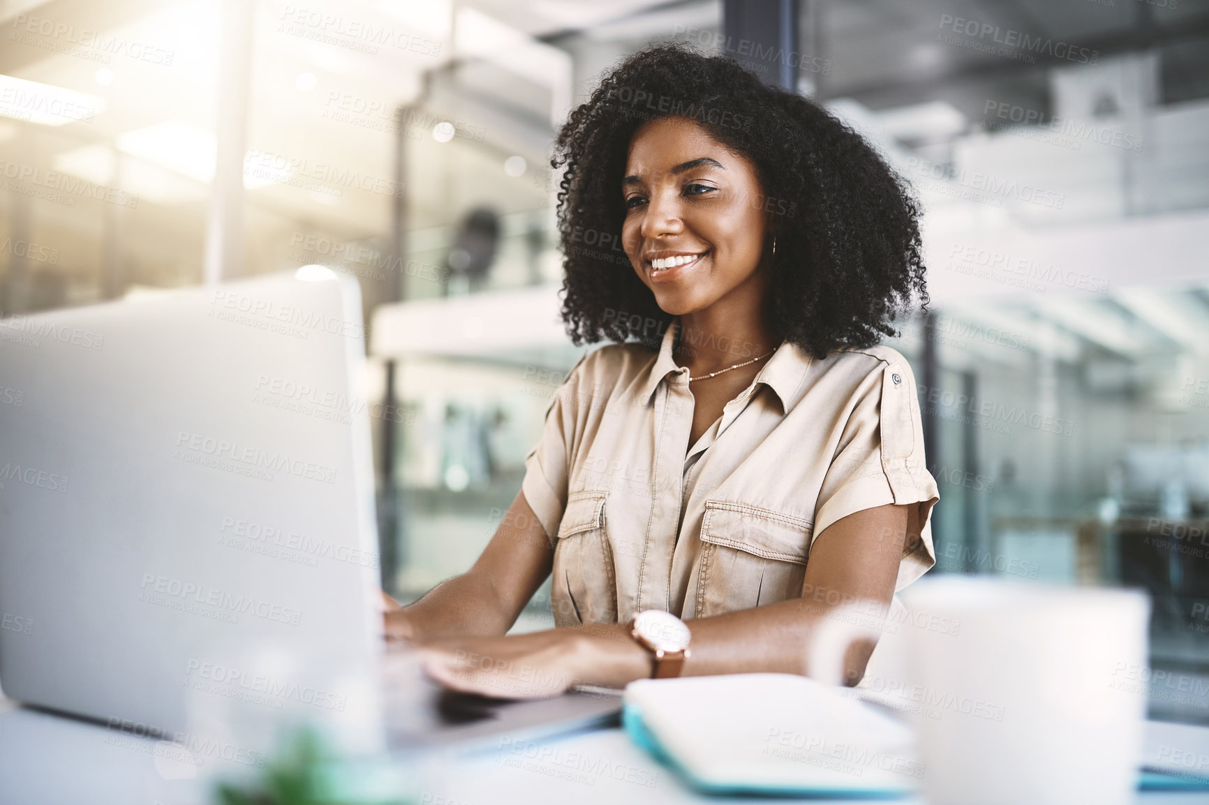 Buy stock photo Office, black woman and journalist with laptop for research, typing and information for news article with technology. Workplace, computer and digital writer for planning, reading and creative writing