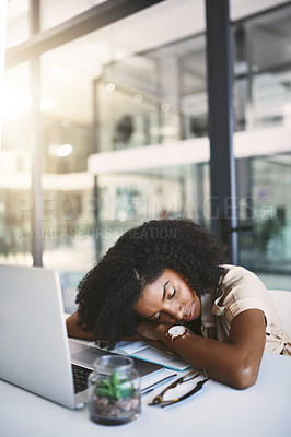 Buy stock photo Tired woman, desk and sleeping with laptop in burnout, stress or depression at office. Bored or lazy business employee or African person asleep with computer for nap, rest or overworked at workplace