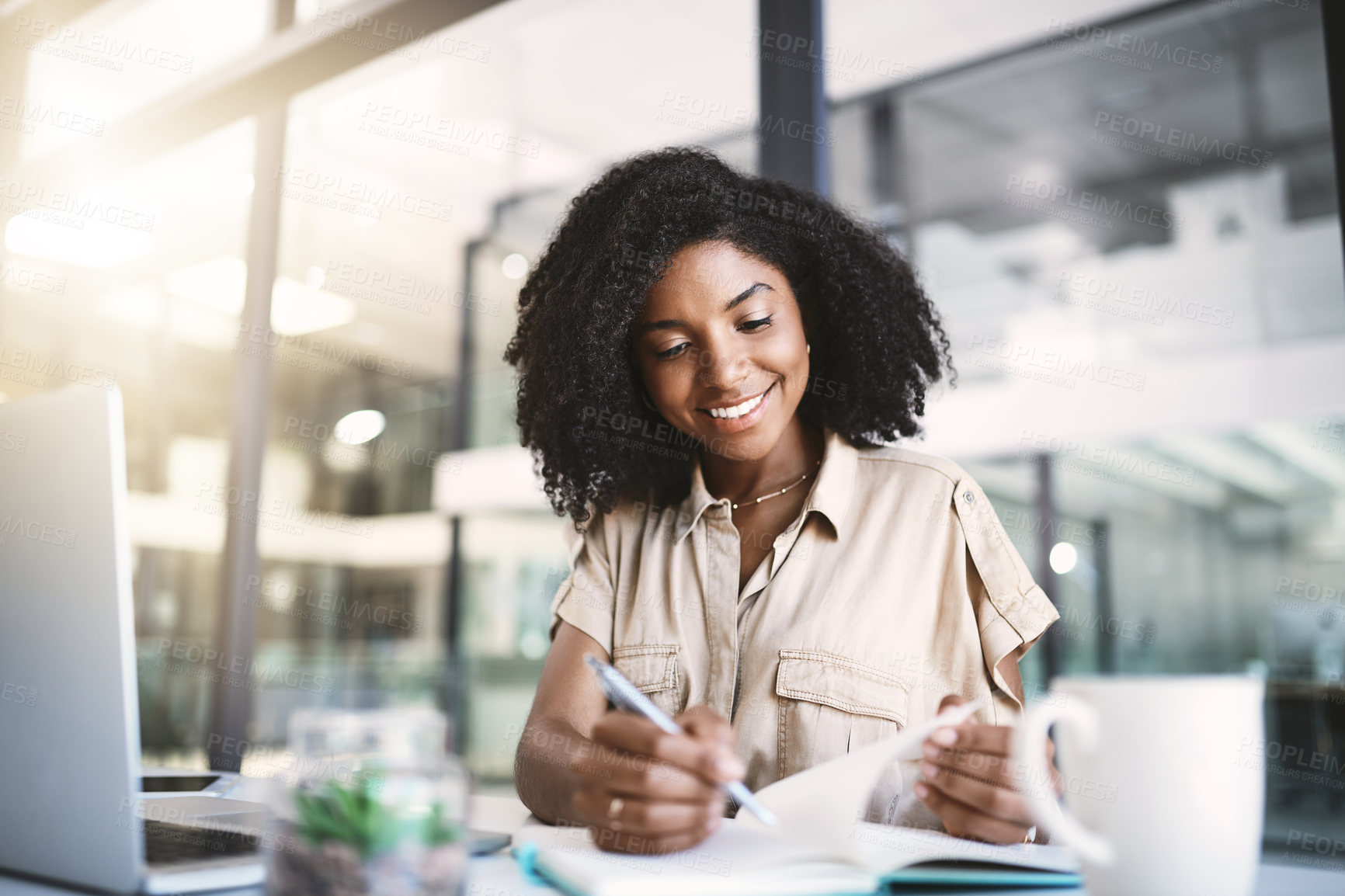 Buy stock photo Office, black woman and journalist with notebook for writing, notes and information for news article with pen. Workplace, journal and female writer for planning, reading and research for story in job