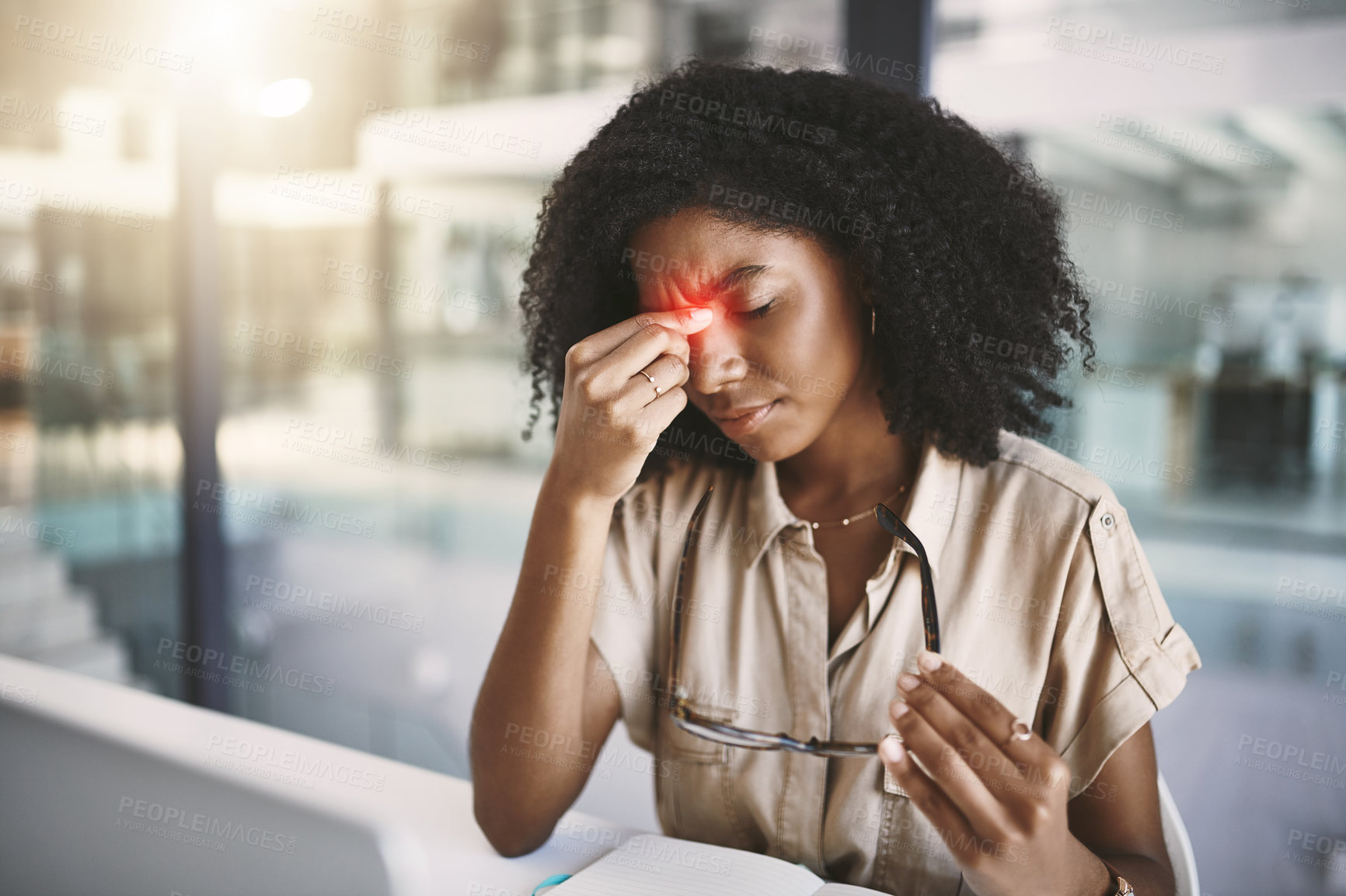 Buy stock photo Office, black woman and eye strain with head pain for stress, poor ergonomics and digital fatigue of writer. Red glow, headache and migraine of journalist for article deadline, tired and overlay