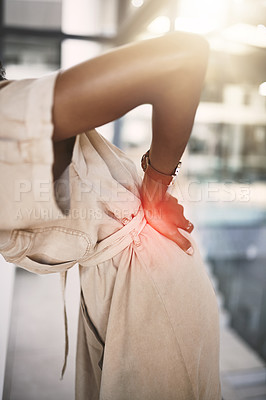 Buy stock photo Office, black person and hand with back pain for injury, poor ergonomics and muscle strain for tired. Red glow, female employee and spine accident with overlay, burnout and ache for lack of movement