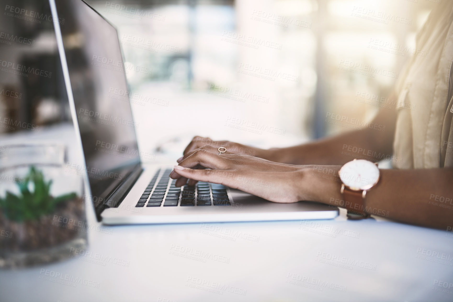 Buy stock photo Office, hands and journalist with laptop for research, typing and information for news article with tech. Workplace, computer and digital writer for planning, reading and creative writing for person