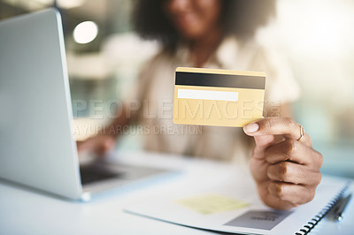 Buy stock photo Business woman, hands and laptop with credit card for online banking, shopping or payment at office desk. Closeup of female person or shopper with debit for ecommerce or virtual purchase at workplace