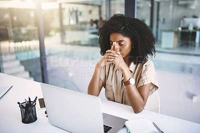 Buy stock photo Tired woman, laptop and stress with headache in debt, depression or anxiety at office. Frustrated female person or employee with migraine or loss in financial crisis, fatigue or burnout at workplace