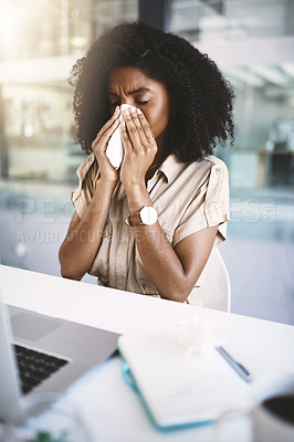 Buy stock photo Business woman, laptop and blowing nose with tissue for sinus, hayfever or illness at office. Sick female person or employee with sneeze, virus or influenza for flu, cold or allergies at workplace