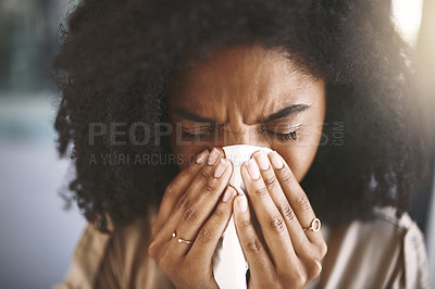 Buy stock photo Sick woman, allergies and blowing nose with tissue for sinus, hayfever or illness at office. Frustrated female person or employee with sneeze, virus or influenza for flu, cold or pollen at workplace