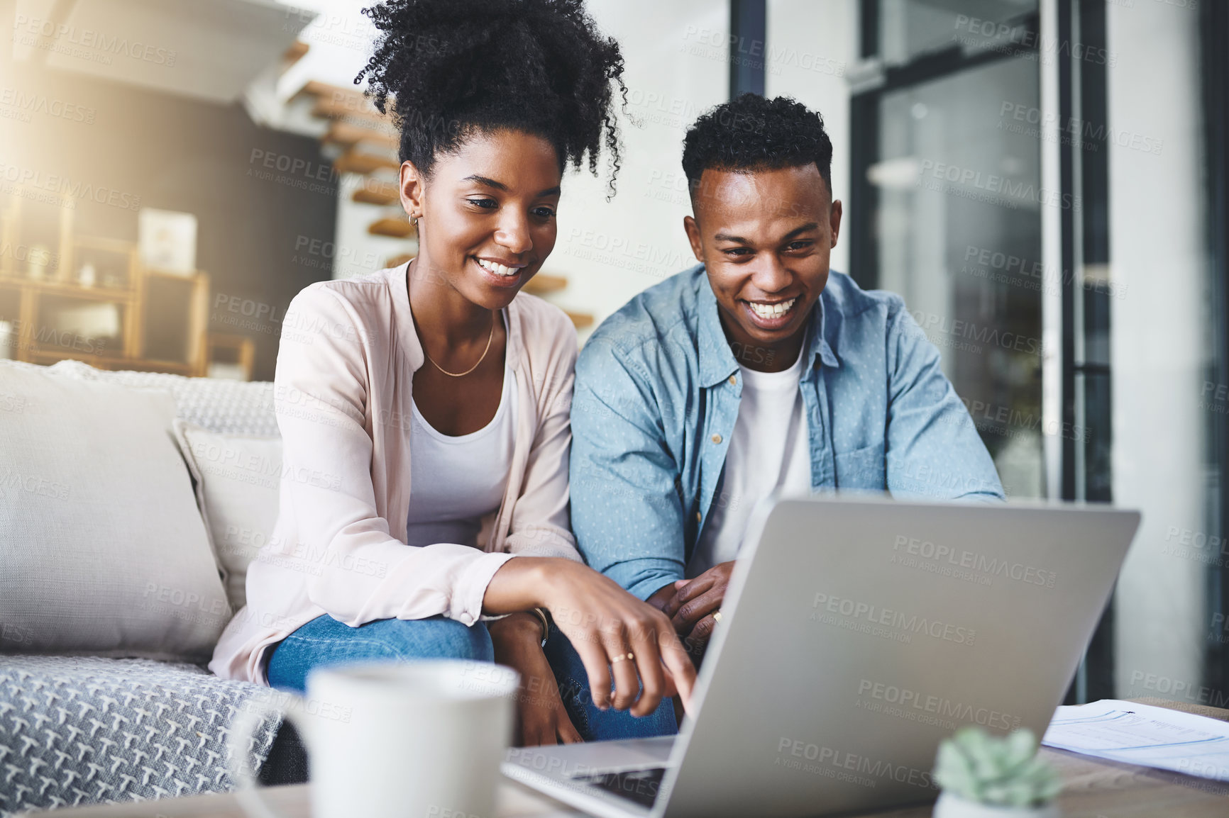 Buy stock photo Laptop, documents and black couple on sofa for online banking, internet payment and website in home. Dating, relationship and man and woman on computer for bonding, ecommerce and relax in living room