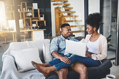 Buy stock photo Laptop, happy and black couple on sofa in home for internet, online shopping and website. Dating, relationship and man and woman on computer for bonding in house, chilling and relax in living room