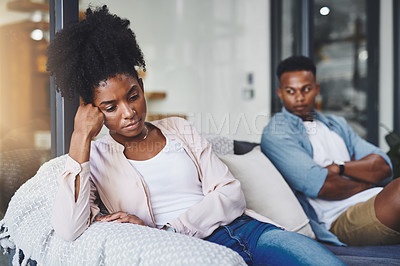 Buy stock photo Ignore, woman and couple with fight on sofa for cheating, betrayal or affair with conflict or breakup in home. Black people, frustrated or toxic marriage in living room with disagreement and argument