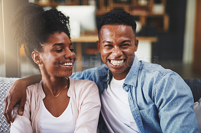 Buy stock photo Smile, relax and portrait of black couple on couch with love, hug and relationship commitment in lounge. Care, happy man and woman on sofa with comfort, support and romantic weekend together in home