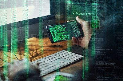 Buy stock photo Hacker, man hands and phone screen for software malware, code access and password success in dark room with digital overlay. Online crime, cyber thief and coding person hacking mobile app on computer